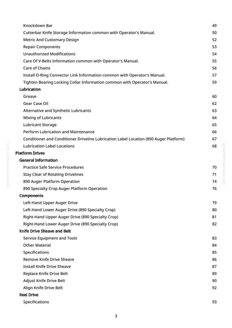 Peut inclure: Une page blanche d'un manuel avec une liste de sujets et de num&eacute;ros de page. Les sujets incluent "Knockdown Bar", "Lubrication", "Platform Drives" et "Knife Drive Sheave and Belt". Le num&eacute;ro de page est 3.