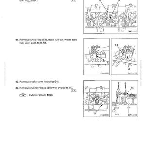 K&ouml;nnte beinhalten: Diagramm mit Anweisungen zur Demontage und Montage des Zylinderkopfs. Enth&auml;lt Abbildungen zum Entfernen von Befestigungsschrauben, Einspritzd&uuml;sen, Sprengringen, Wasserrohren, Kipphebelgeh&auml;use und Zylinderkopf. Der Zylinderkopf wiegt 40 kg.