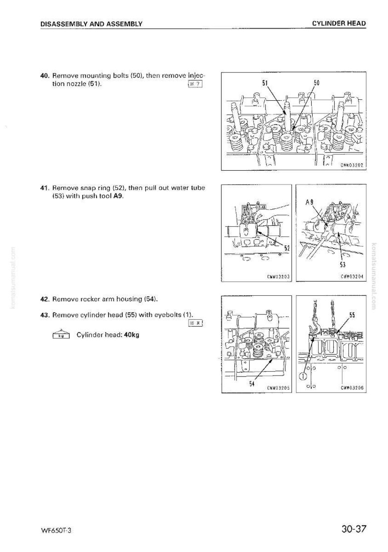 K&ouml;nnte beinhalten: Diagramm mit Anweisungen zur Demontage und Montage des Zylinderkopfs. Enth&auml;lt Abbildungen zum Entfernen von Befestigungsschrauben, Einspritzd&uuml;sen, Sprengringen, Wasserrohren, Kipphebelgeh&auml;use und Zylinderkopf. Der Zylinderkopf wiegt 40 kg.
