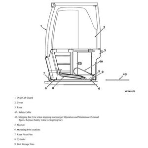 May include: Diagram of a cab riser and related parts, labeled with numbers and descriptions. The diagram includes an over cab guard, cover, riser, safety cable, shipping bar, shackle, mounting bolt locations, riser pivot pins, cylinder, and bolt storage nuts.