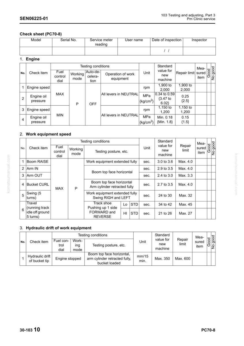 May include: A Komatsu PC70-8 check sheet with tables for engine and work equipment speed tests. The sheet includes columns for check items, fuel control, working mode, and standard values. The document is for testing and adjusting.