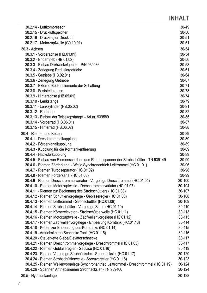 Op de afbeelding: Een Duitse inhoudsopgave met mechanische onderdelen en hun paginanummers. Bevat componenten zoals compressoren, assen en aandrijfsystemen. Het document is voor technische referentie.