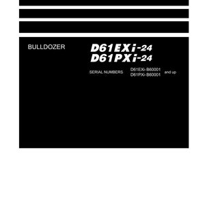 Puede incluir: Una portada de manual de taller en blanco y negro. El t&iacute;tulo "Shop Manual" est&aacute; en la parte superior. El texto "BULLDOZER" est&aacute; encima de los n&uacute;meros de modelo "D61EXi-24" y "D61PXi-24". El logotipo de Komatsu est&aacute; en la parte inferior.