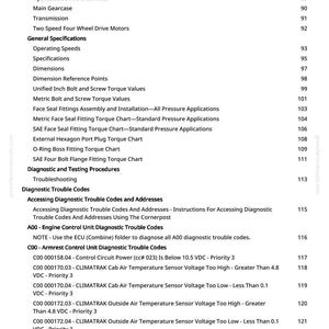 May include: A detailed page from a manual, featuring a table of contents and diagnostic trouble codes. The text includes specifications, dimensions, and torque values. The page is from greenfanumanuals.com.