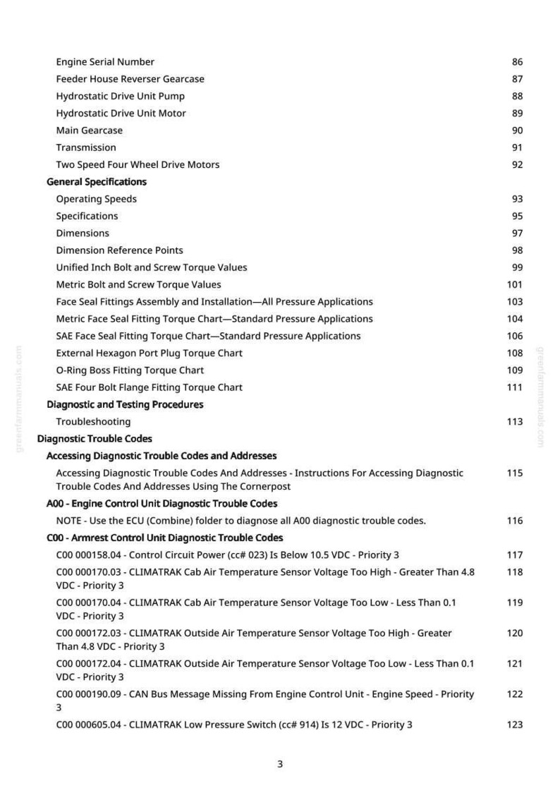 May include: A detailed page from a manual, featuring a table of contents and diagnostic trouble codes. The text includes specifications, dimensions, and torque values. The page is from greenfanumanuals.com.