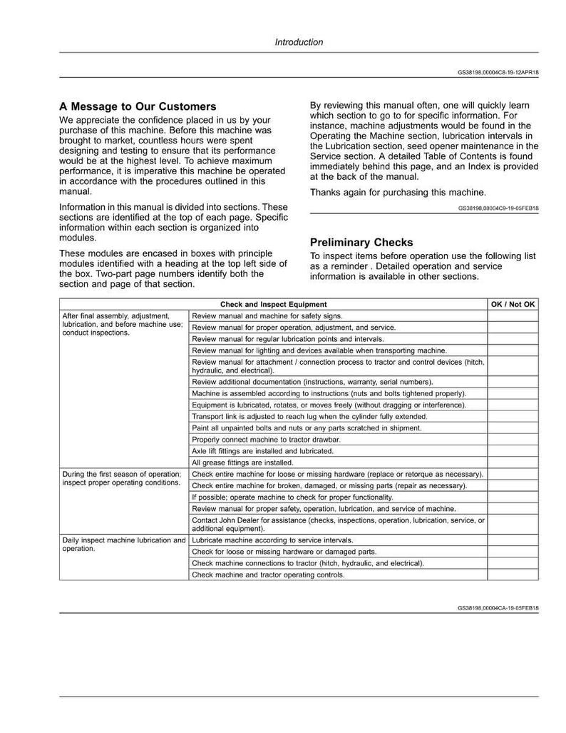 May include: A printed manual page with the title "Introduction" at the top. The page contains text about machine operation, maintenance, and safety checks. There are checklists and instructions for the user.