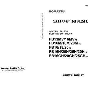 K&ouml;nnte beinhalten: Ein wei&szlig;er Werkstatthandbuch-Umschlag mit schwarzem Text. Das Komatsu-Logo befindet sich oben, darunter steht "SHOP MANUAL". Das Handbuch ist f&uuml;r die Steuerung eines elektrischen Gabelstaplers mit Modellnummern.