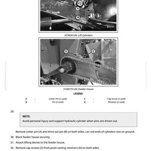 K&ouml;nnte beinhalten: Schwarz-Wei&szlig;-Diagramm von Maschinenkomponenten, einschlie&szlig;lich Hubzylindern und Teile des Feeder-Hauses. Textkennzeichnungen identifizieren Splinte, Stifte, Schrauben und Halterungen. Anweisungen f&uuml;r Wartungs- und Reparaturverfahren sind enthalten.