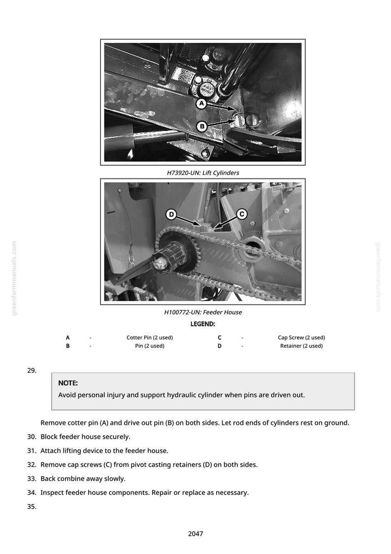 K&ouml;nnte beinhalten: Schwarz-Wei&szlig;-Diagramm von Maschinenkomponenten, einschlie&szlig;lich Hubzylindern und Teile des Feeder-Hauses. Textkennzeichnungen identifizieren Splinte, Stifte, Schrauben und Halterungen. Anweisungen f&uuml;r Wartungs- und Reparaturverfahren sind enthalten.