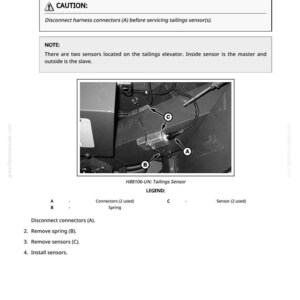 May include: Diagram illustrating the removal and installation of a tailings sensor. The image includes a warning, a note, and a labeled diagram with connectors, springs, and sensors. Instructions are provided below the diagram.