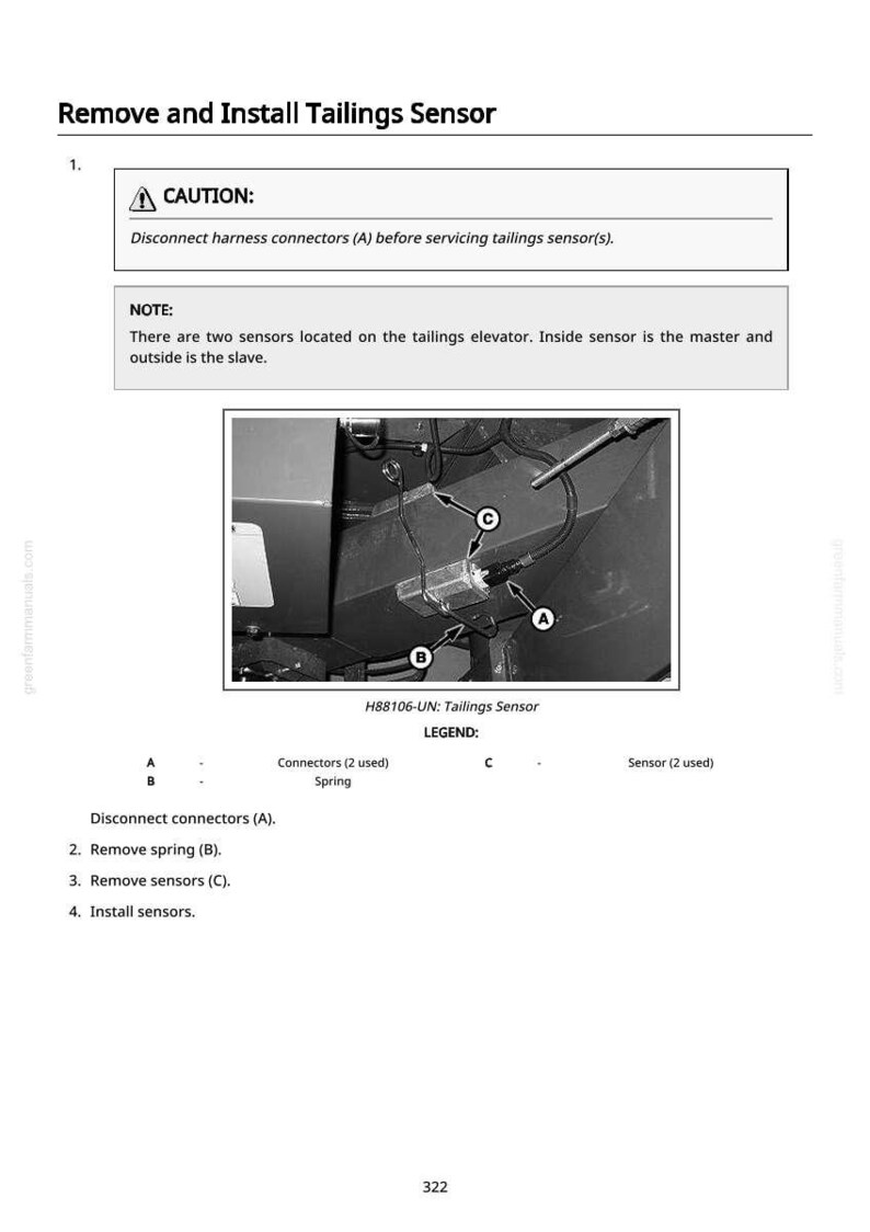 May include: Diagram illustrating the removal and installation of a tailings sensor. The image includes a warning, a note, and a labeled diagram with connectors, springs, and sensors. Instructions are provided below the diagram.