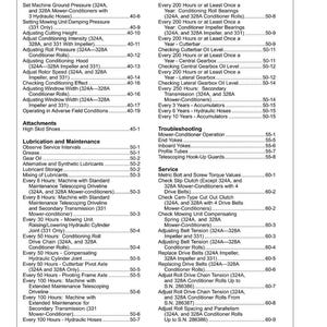 May include: A detailed table of contents from a manual, listing maintenance and troubleshooting procedures for agricultural machinery. Includes sections on lubrication, service intervals, and component adjustments. The page numbers are visible.