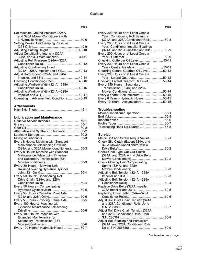 May include: A detailed table of contents from a manual, listing maintenance and troubleshooting procedures for agricultural machinery. Includes sections on lubrication, service intervals, and component adjustments. The page numbers are visible.
