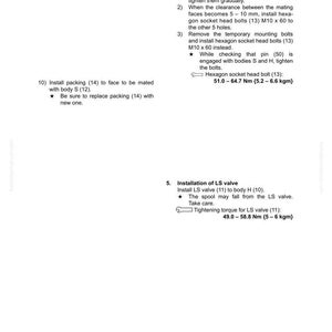 May include: A technical diagram detailing the disassembly and assembly of a hydraulic pump system. Instructions include installing pins, bolts, and valves, with measurements in Nm and kgm. The diagram is labelled "SEN04624-00".