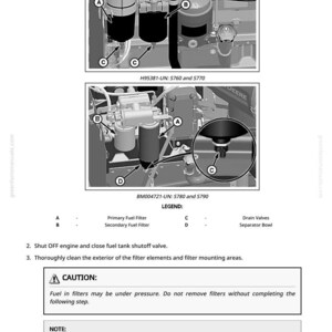K&ouml;nnte beinhalten: Diagramm des Kraftstoffsystems eines Traktormotors, einschlie&szlig;lich Prim&auml;r- und Sekund&auml;rkraftstofffilter, Ablassventile und Abscheider. Enth&auml;lt eine Warnung vor Kraftstoffdruck und Wartungsanweisungen.