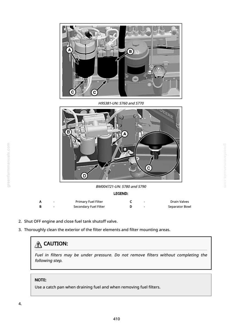 K&ouml;nnte beinhalten: Diagramm des Kraftstoffsystems eines Traktormotors, einschlie&szlig;lich Prim&auml;r- und Sekund&auml;rkraftstofffilter, Ablassventile und Abscheider. Enth&auml;lt eine Warnung vor Kraftstoffdruck und Wartungsanweisungen.