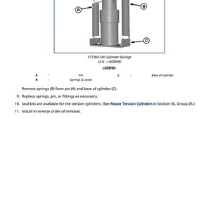 May include: Diagram of a cylinder spring assembly, labelled E77360-UN, with a serial number. The image includes labels for pins, springs, and the base of the cylinder, with instructions for removal and replacement.