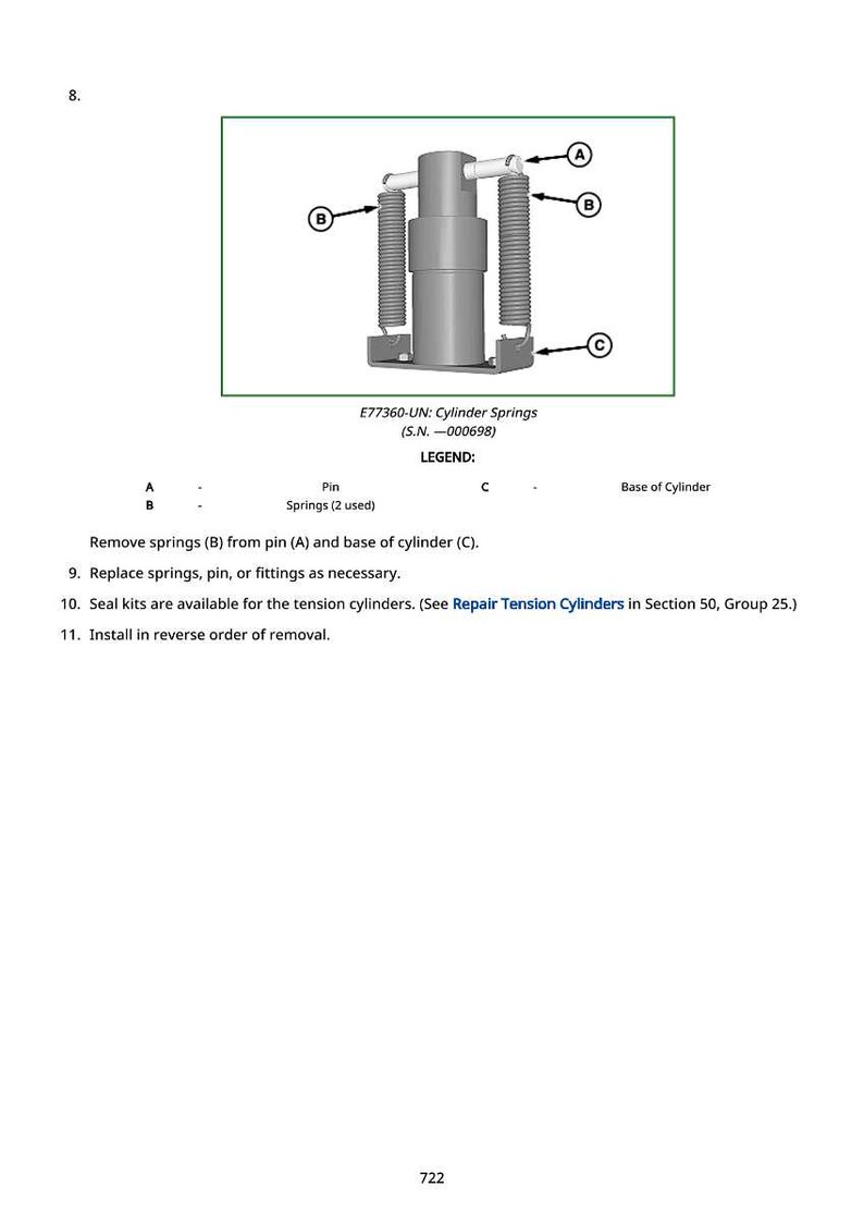 May include: Diagram of a cylinder spring assembly, labelled E77360-UN, with a serial number. The image includes labels for pins, springs, and the base of the cylinder, with instructions for removal and replacement.