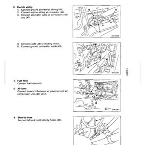 May include: Diagram from a manual showing engine disassembly and assembly instructions. The page includes detailed illustrations of electrical wiring, fuel hose, air hose, and blow-by hose connections, with numbered components.