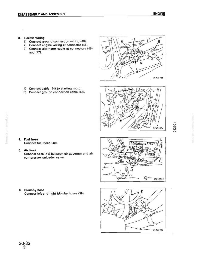 May include: Diagram from a manual showing engine disassembly and assembly instructions. The page includes detailed illustrations of electrical wiring, fuel hose, air hose, and blow-by hose connections, with numbered components.