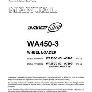 K&ouml;nnte beinhalten: Ein wei&szlig;es Werkstatthandbuch mit dem Text "SHOP MANUAL" oben. Das Handbuch enth&auml;lt das Logo "avance plus" und den Text "WA450-3 WHEEL LOADER". Seriennummern und Urheberrechtsinformationen sind ebenfalls vorhanden.