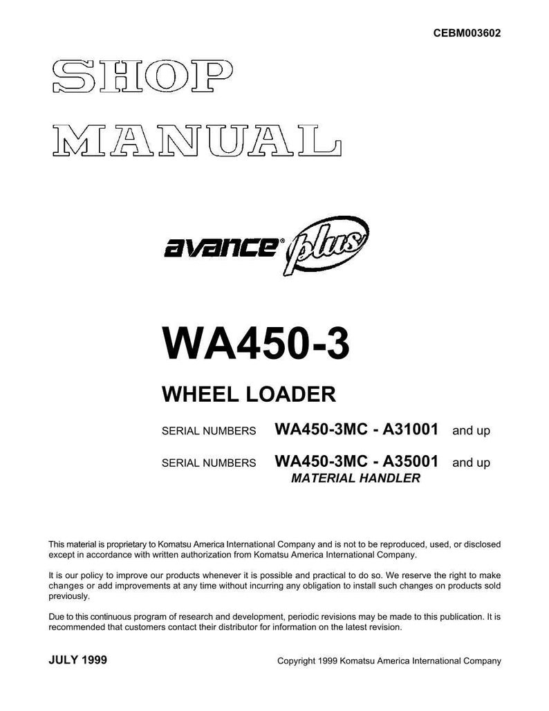 K&ouml;nnte beinhalten: Ein wei&szlig;es Werkstatthandbuch mit dem Text "SHOP MANUAL" oben. Das Handbuch enth&auml;lt das Logo "avance plus" und den Text "WA450-3 WHEEL LOADER". Seriennummern und Urheberrechtsinformationen sind ebenfalls vorhanden.