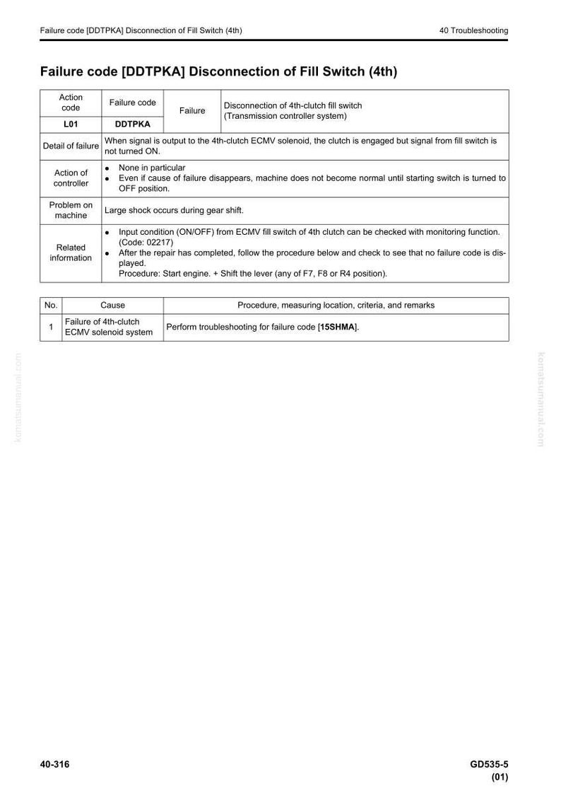 May include: A white document with black text detailing a failure code, DDTPKA, related to the disconnection of a fill switch in a transmission controller system. The document includes troubleshooting steps and related information.