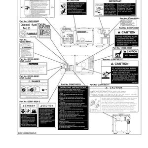 K&ouml;nnte beinhalten: Diagramm eines Generators mit Sicherheitshinweisen. Das Bild enth&auml;lt Warnungen zu Kraftstoff, hei&szlig;em Auspuff und beweglichen Teilen. Es zeigt auch Betriebsanweisungen und Teilenummern.
