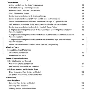 May include: A page from a manual with a table of contents. The text includes topics like torque values, service recommendations, and wheel removal. The page number is visible at the bottom.