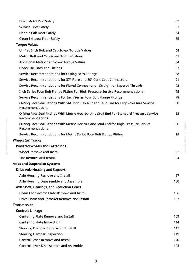May include: A page from a manual with a table of contents. The text includes topics like torque values, service recommendations, and wheel removal. The page number is visible at the bottom.