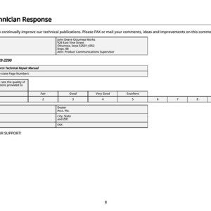 May include: A white form titled "Service Technician Response" with text fields for comments and ratings. The form includes contact information for John Deere Ottumwa Works and a section to rate installation instructions.