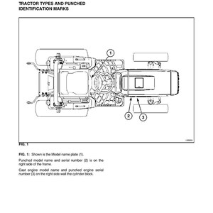 May include: Diagram of a tractor with labels and text. The text reads "GENERAL INFORMATION" and "TRACTOR TYPES AND PUNCHED IDENTIFICATION MARKS." The diagram includes labels for the model name plate, serial number, and engine serial number.