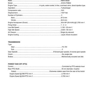 Op de afbeelding: Een pagina uit de MF1640E servicemanual, met details over de specificaties van de motor en transmissie. Bevat informatie over het motortype, boring (87,0 mm), slag (92,4 mm) en vermogen (29,4 kW).