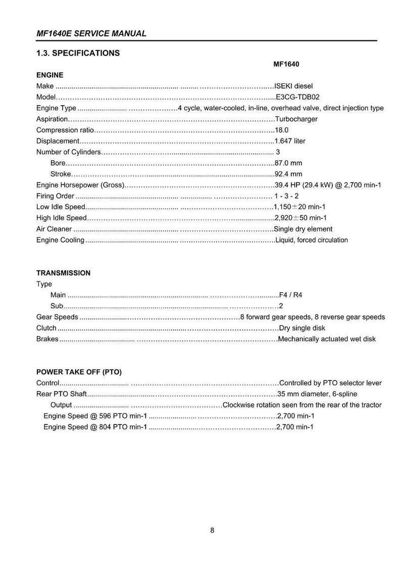 Op de afbeelding: Een pagina uit de MF1640E servicemanual, met details over de specificaties van de motor en transmissie. Bevat informatie over het motortype, boring (87,0 mm), slag (92,4 mm) en vermogen (29,4 kW).