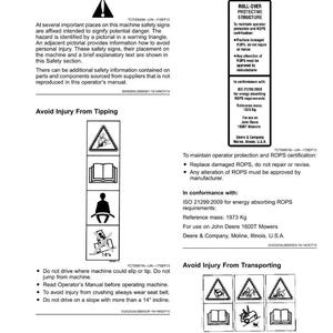 May include: A page from an operator's manual with safety labels and instructions. The manual includes pictorial safety signs, roll-over protective structure information, and instructions to avoid injury from tipping and transporting. The page features diagrams and text.