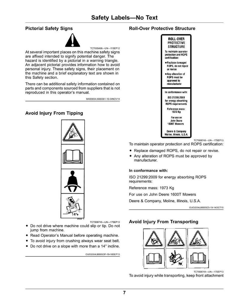 May include: A page from an operator's manual with safety labels and instructions. The manual includes pictorial safety signs, roll-over protective structure information, and instructions to avoid injury from tipping and transporting. The page features diagrams and text.