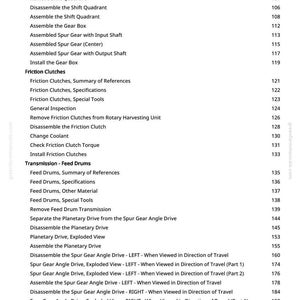 May include: A detailed table of contents from a manual, featuring a list of mechanical procedures. The text includes terms like "Gear Box," "Friction Clutches," and "Feed Drums," with page numbers.