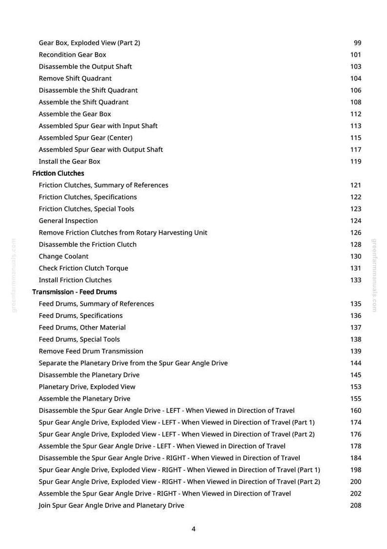 May include: A detailed table of contents from a manual, featuring a list of mechanical procedures. The text includes terms like "Gear Box," "Friction Clutches," and "Feed Drums," with page numbers.