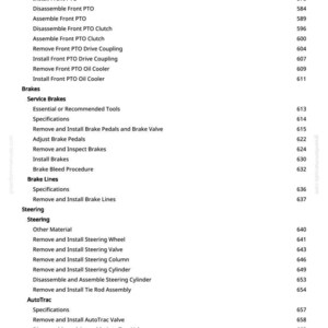 May include: A page from a manual with a table of contents. The text includes sections on PTO oil pump, brakes, steering, and AutoTrac. Each section has sub-items with page numbers.