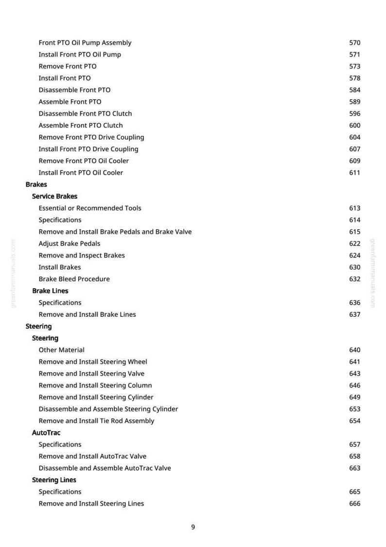 May include: A page from a manual with a table of contents. The text includes sections on PTO oil pump, brakes, steering, and AutoTrac. Each section has sub-items with page numbers.