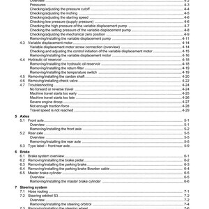 May include: A detailed table of contents from a Weidemann manual, listing sections on travel drive, axles, brake, and steering systems. The document includes page numbers and sub-sections.