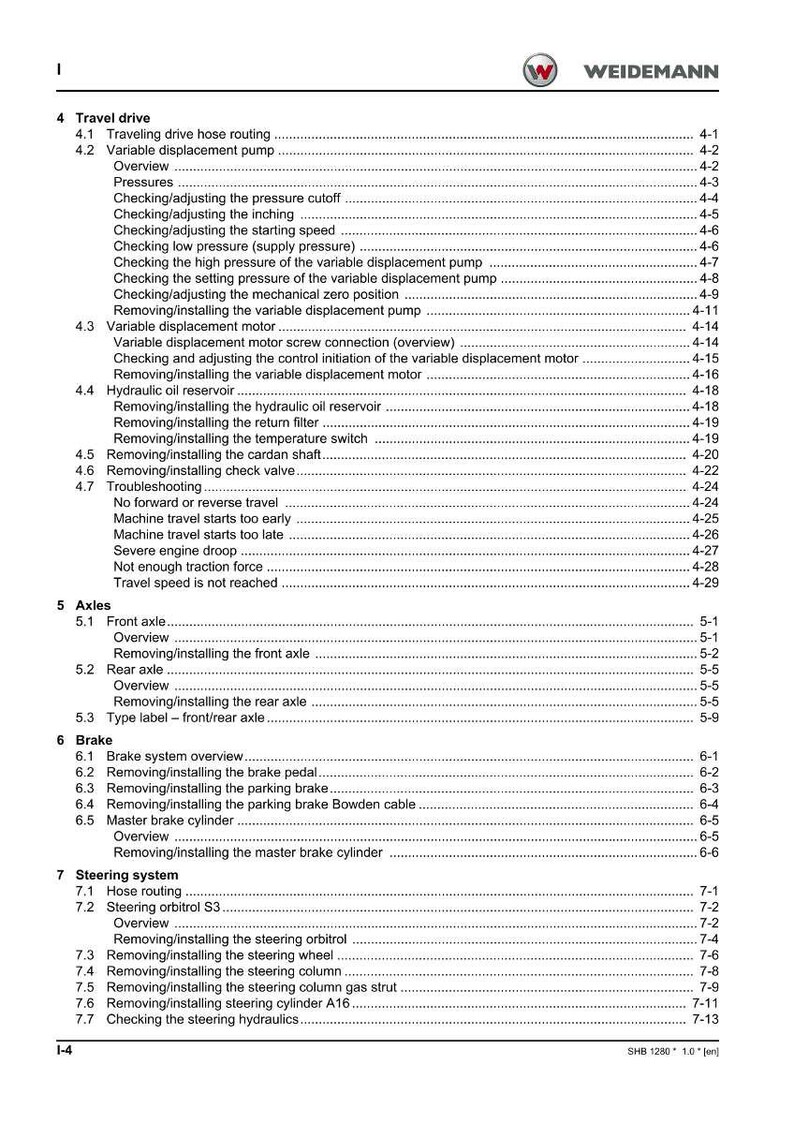 May include: A detailed table of contents from a Weidemann manual, listing sections on travel drive, axles, brake, and steering systems. The document includes page numbers and sub-sections.