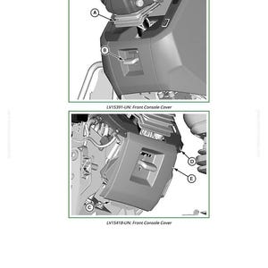 May include: Diagram illustrating the removal and installation of a front control console. The image shows two detailed views of the console cover, labeled with letters and part numbers. Text at the top reads "Remove and Install Front Control Console."