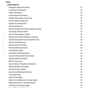 Puede incluir: Una p&aacute;gina en blanco y negro titulada "Tabla de contenidos" de un manual. La tabla enumera temas de seguridad como "Evitar la fuga de la m&aacute;quina" y "Servicio de neum&aacute;ticos de forma segura". Los n&uacute;meros de p&aacute;gina se enumeran a la derecha.