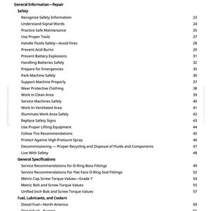 May include: A white page with a black Table of Contents for a manual. The text includes safety information, maintenance, and fuel topics. The page numbers are on the right side.