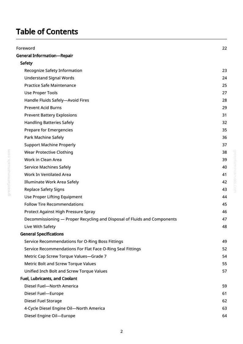 May include: A white page with a black Table of Contents for a manual. The text includes safety information, maintenance, and fuel topics. The page numbers are on the right side.