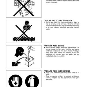 May include: A page of safety instructions with illustrations and text. Topics include ventilating work areas, proper fluid disposal, preventing acid burns, and emergency preparedness. The document is labeled "92.4mm STROKE SERIES WSM.02460."
