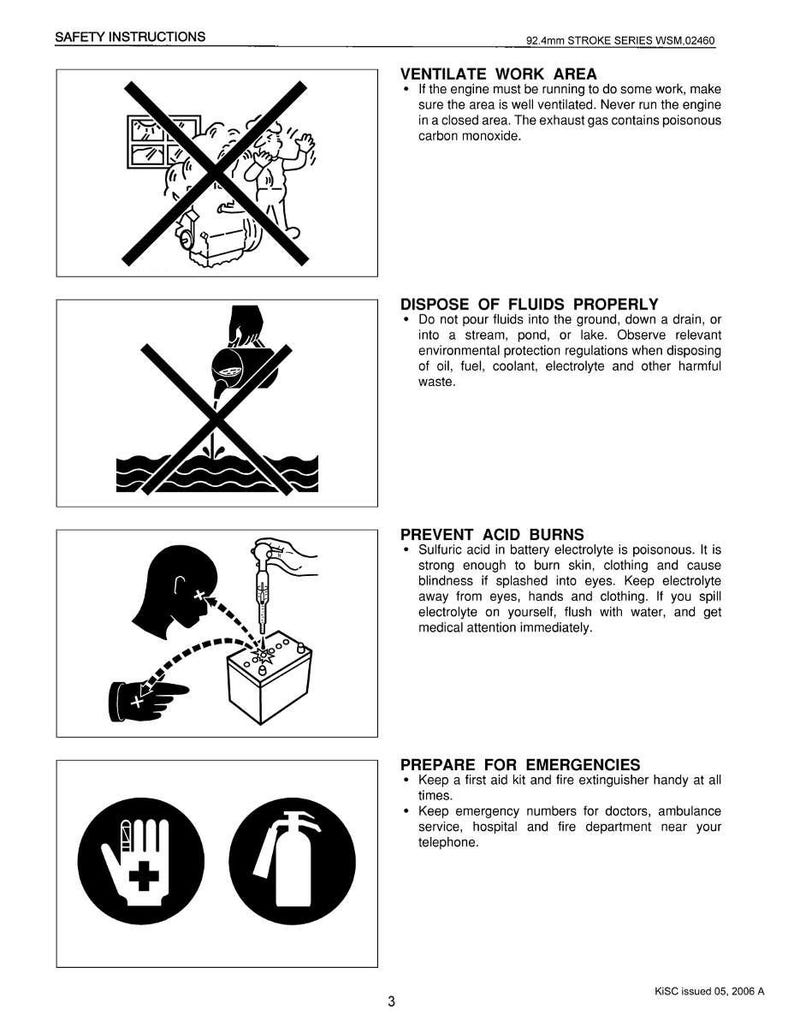 May include: A page of safety instructions with illustrations and text. Topics include ventilating work areas, proper fluid disposal, preventing acid burns, and emergency preparedness. The document is labeled "92.4mm STROKE SERIES WSM.02460."