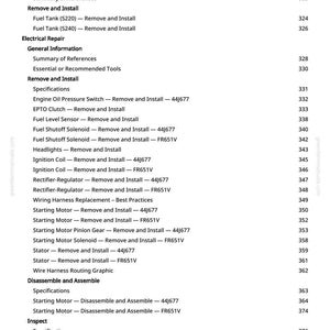 May include: A page from a repair manual with a table of contents. The headings include "Fuel, Air Intake, and Cooling System Repair," "Electrical Repair," and "Disassemble and Assemble." Page numbers are listed on the right.