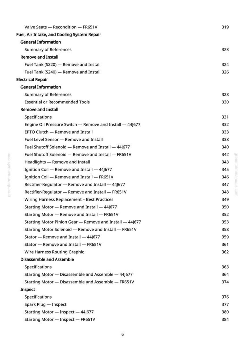May include: A page from a repair manual with a table of contents. The headings include "Fuel, Air Intake, and Cooling System Repair," "Electrical Repair," and "Disassemble and Assemble." Page numbers are listed on the right.